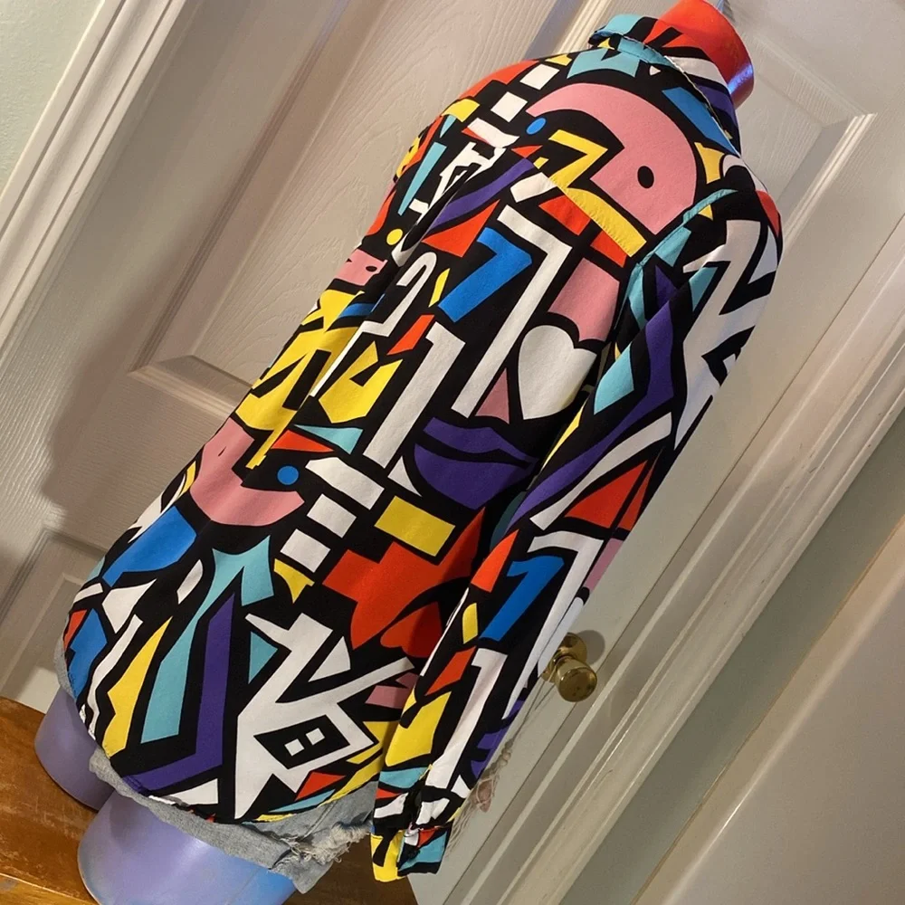 BIG DART Multicolored Pop Art Retro Button Down Long Sleeve Shirt - Picture 9 of 11
